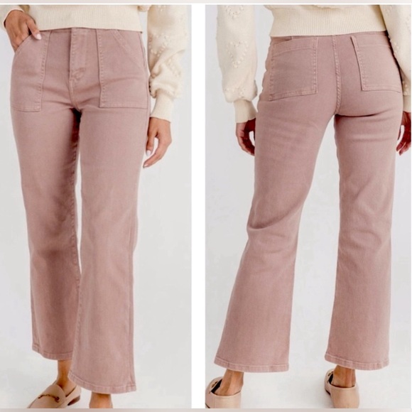 Risen High Rise Wide Leg Jeans Cropped Ankle Square Pockets Stretch Mauve Pink - Picture 5 of 6